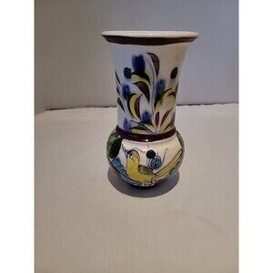 Vintage Hand Painted Mexican Pottery Vase Folk Art Bird Floral 8"